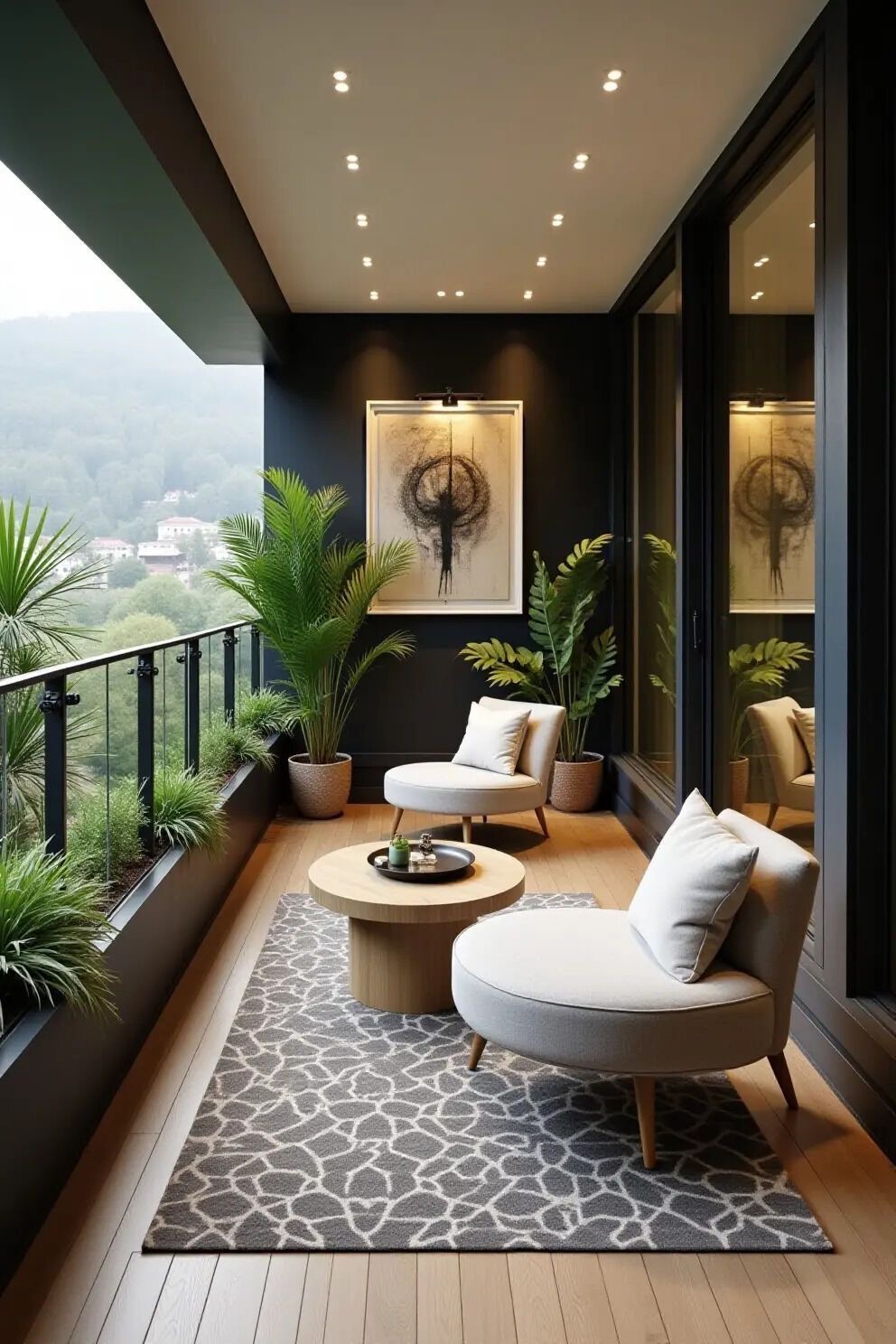 Balcony seating with deck flooring and planters
