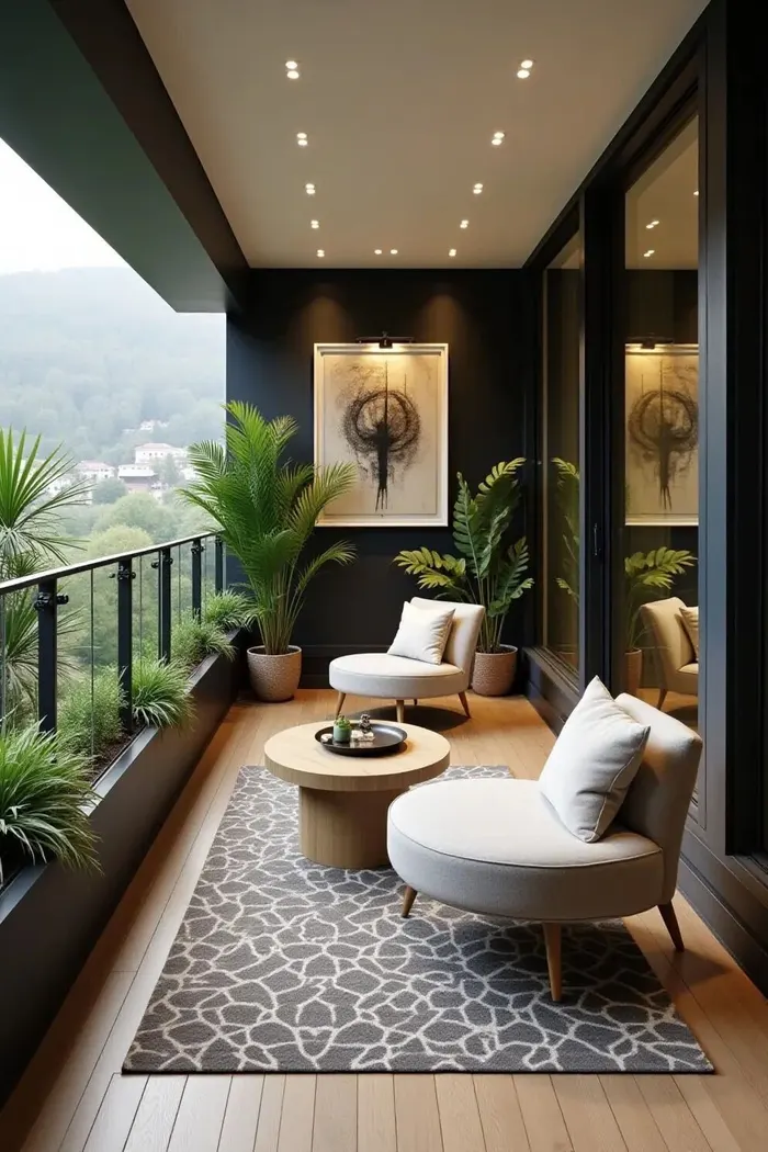Balcony seating with deck flooring and planters