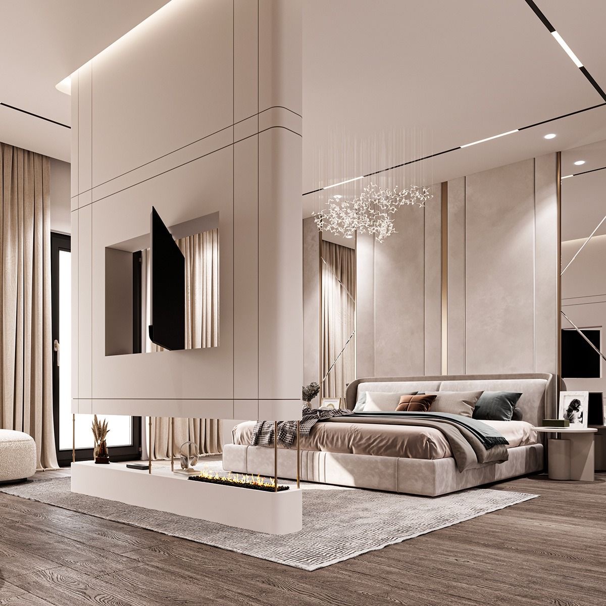 Premium bedroom interior with panelled walls and soft lighting
