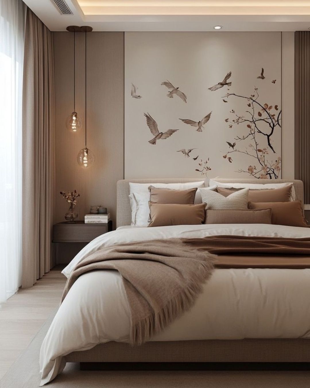 Beige master bedroom with mural wall and pendant lights