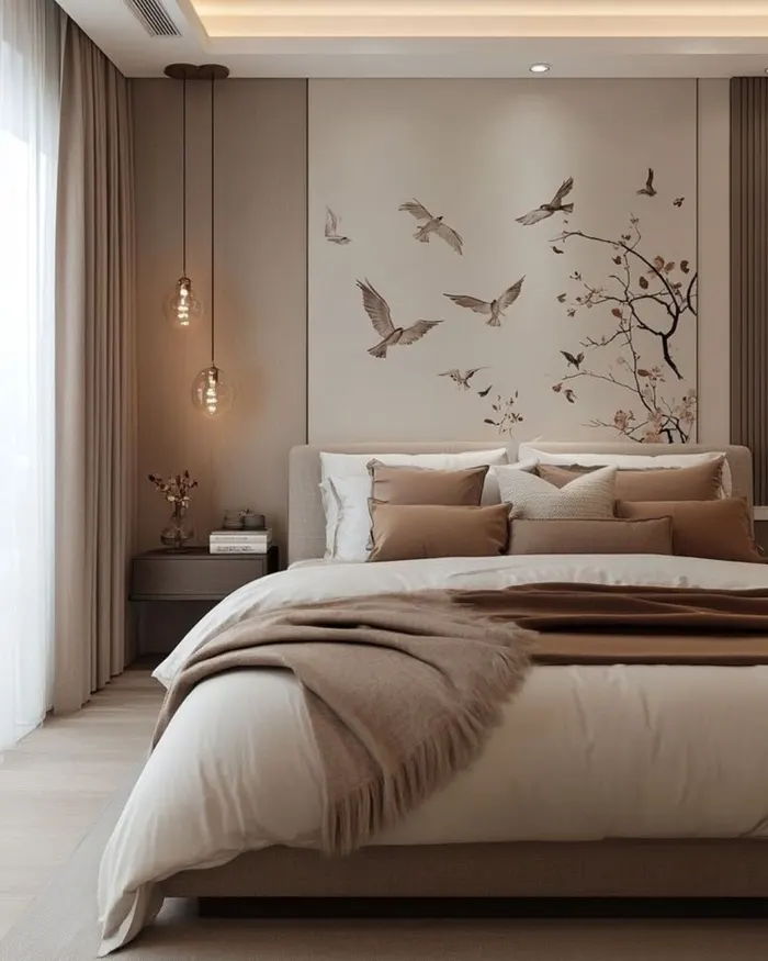 Beige master bedroom with mural wall and pendant lights