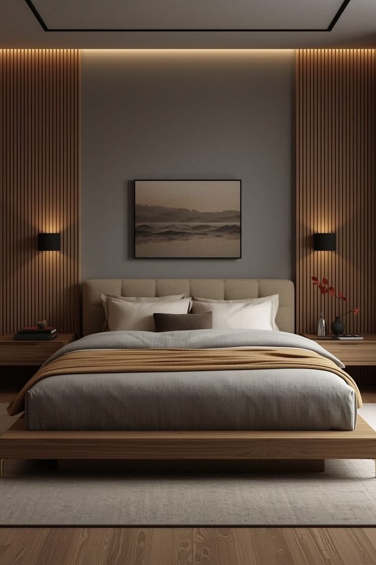 Bedroom with fluted wood panelling and cove lighting