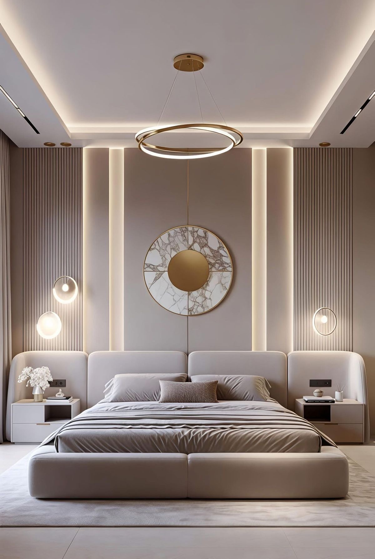 Bedroom ceiling with cove lighting and gold ring pendant