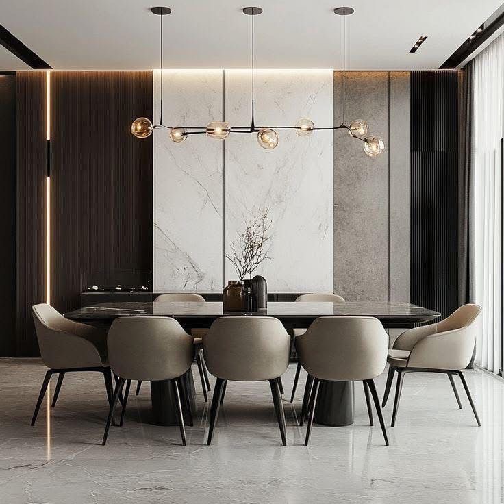 Dining area with marble feature wall and pendant lighting