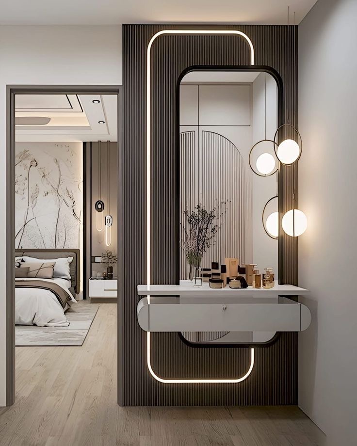 Fluted panel dresser unit with backlit mirror