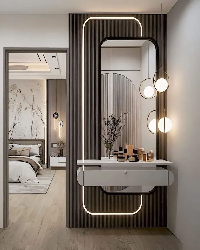 Fluted panel dresser unit with backlit mirror