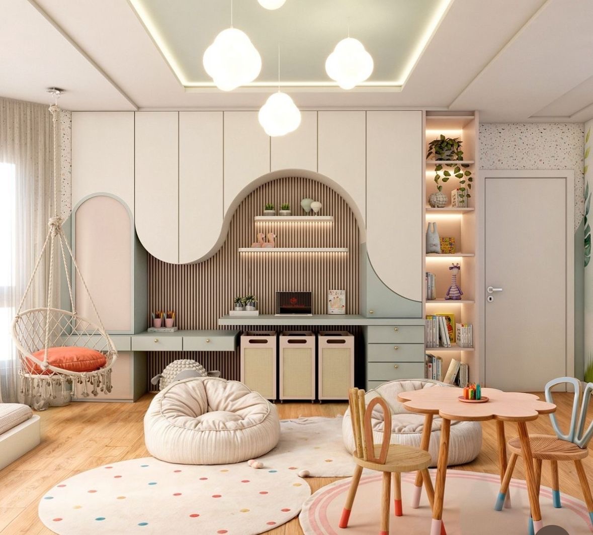 Kids bedroom with arched storage, study desk and swing