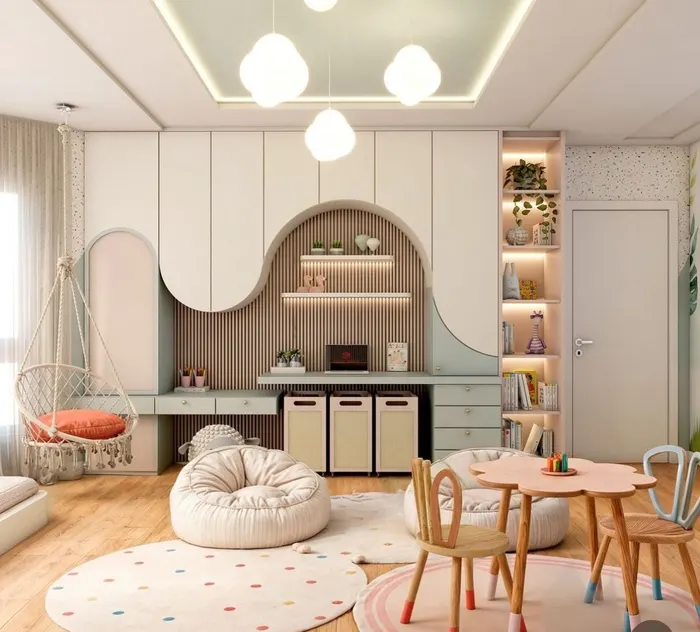 Kids bedroom with arched storage, study desk and swing