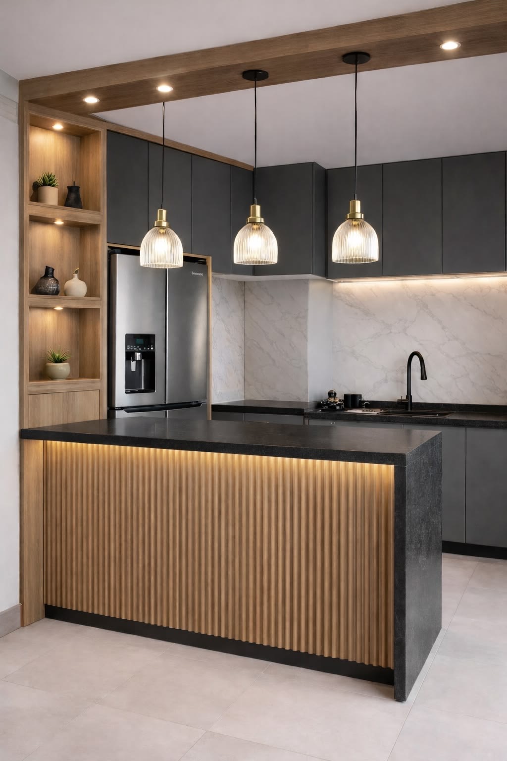 Graphite modular kitchen with fluted island and brass pendants