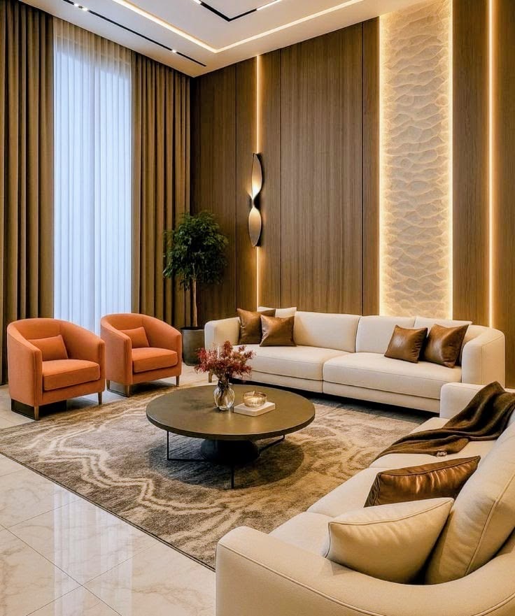 Warm modern living room interior by Metaspaces in Bangalore