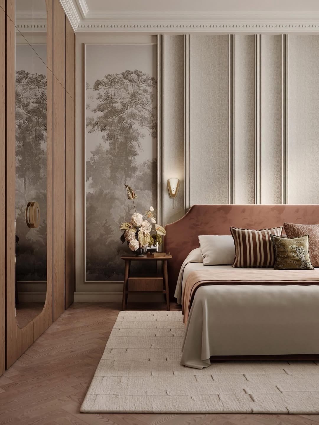 Mirrored sliding wardrobe in a warm bedroom